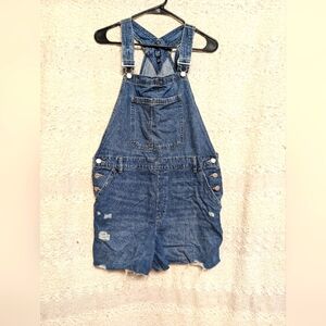 GAP women's Denim Overalls Shorts Blue Sz Large Gap Slouchy Distressed Shortalls